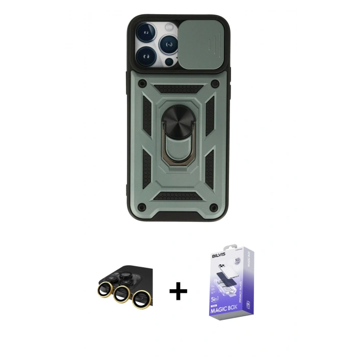 MARSİLYAN™- iPhone 13 Pro Max Kılıf Ahenk Klasik - Siyah Bilvis 5in1 5D Magic Hayalet Cam Ekran Koruyucu + Raze Metal Kamera Lens - GD