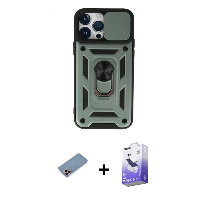 MARSİLYAN™- iPhone 13 Pro Max Kılıf Ahenk Klasik - Siyah Bilvis 5in1 5D Magic Hayalet Cam Ekran Koruyucu + Pembe Shine Kamera Lens Koruma Cam