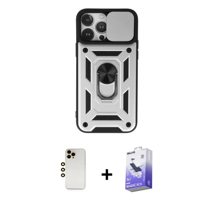 MARSİLYAN™- iPhone 13 Pro Max Kılıf Ahenk Klasik - Siyah Bilvis 5in1 5D Magic Hayalet Cam Ekran Koruyucu + Shine Kamera Lens - GD