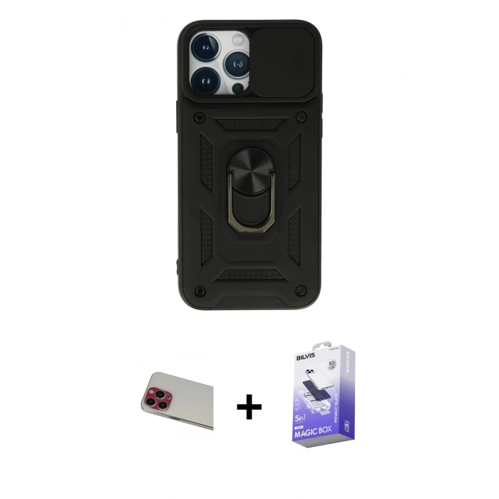 MARSİLYAN™- iPhone 13 Pro Max Kılıf Ahenk Klasik - Siyah Bilvis 5in1 5D Magic Hayalet Cam Ekran Koruyucu + Rainbow Kamera Lens Koruma Cam - KI
