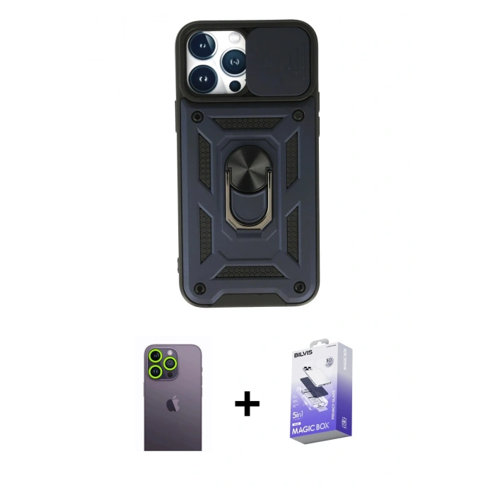 MARSİLYAN™- iPhone 13 Pro Max Kılıf Ahenk Klasik - Siyah Bilvis 5in1 5D Magic Hayalet Cam Ekran Koruyucu + Neon Fosforlu Kamera Lens - YL