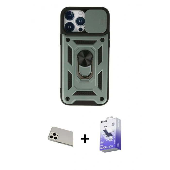 MARSİLYAN™- iPhone 13 Pro Max Kılıf Ahenk Klasik - Siyah Bilvis 5in1 5D Magic Hayalet Cam Ekran Koruyucu + Rainbow Kamera Lens Koruma Cam - BZ