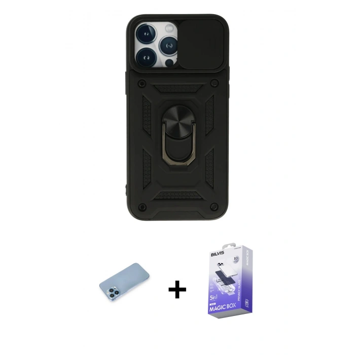 MARSİLYAN™- iPhone 13 Pro Max Kılıf Ahenk Klasik - Siyah Bilvis 5in1 5D Magic Hayalet Cam Ekran Koruyucu + Shine Kamera Lens Koruma Cam - MI
