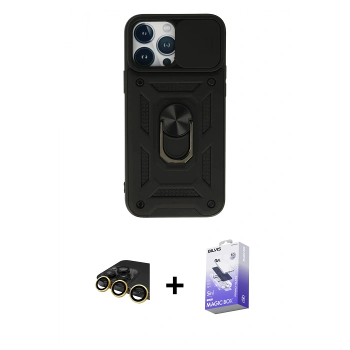 MARSİLYAN™- iPhone 13 Pro Max Kılıf Ahenk Klasik - Siyah Bilvis 5in1 5D Magic Hayalet Cam Ekran Koruyucu + Raze Metal Kamera Lens - GD