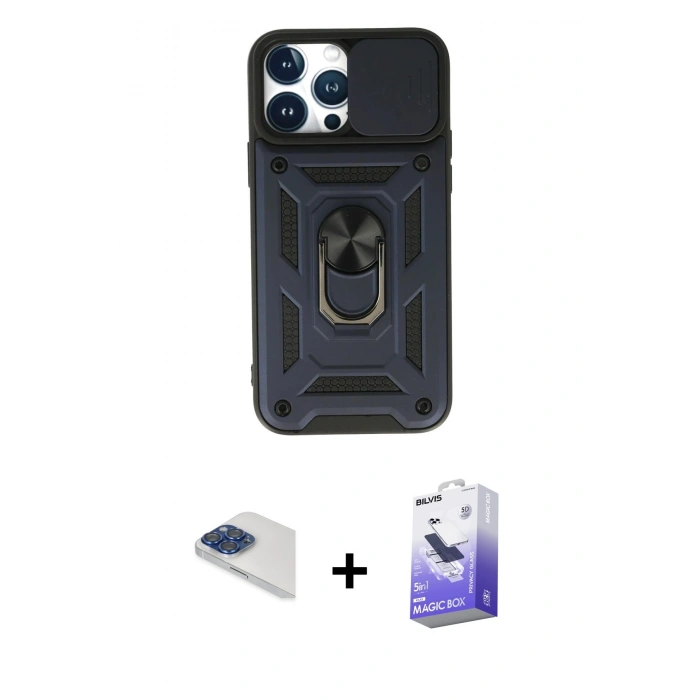MARSİLYAN™- iPhone 13 Pro Max Kılıf Ahenk Klasik - Siyah Bilvis 5in1 5D Magic Hayalet Cam Ekran Koruyucu + Pers Alüminyum Kamera Lens - LT