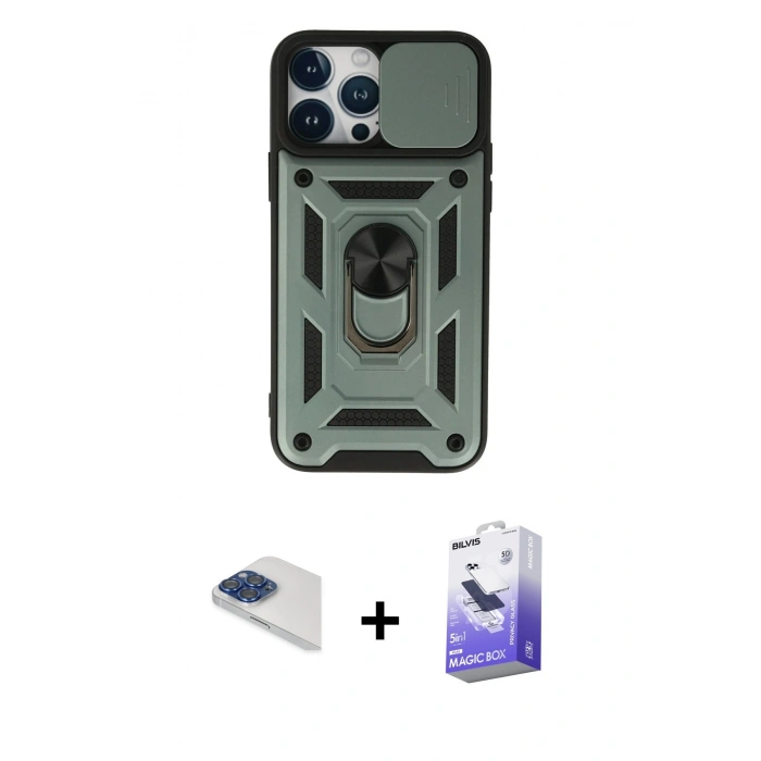 MARSİLYAN™- iPhone 13 Pro Max Kılıf Ahenk Klasik - Siyah Bilvis 5in1 5D Magic Hayalet Cam Ekran Koruyucu + Pers Alüminyum Kamera Lens - LT