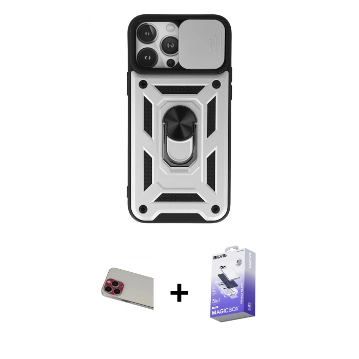 MARSİLYAN™- iPhone 13 Pro Max Kılıf Ahenk Klasik - Siyah Bilvis 5in1 5D Magic Hayalet Cam Ekran Koruyucu + Rainbow Kamera Lens Koruma Cam - KI