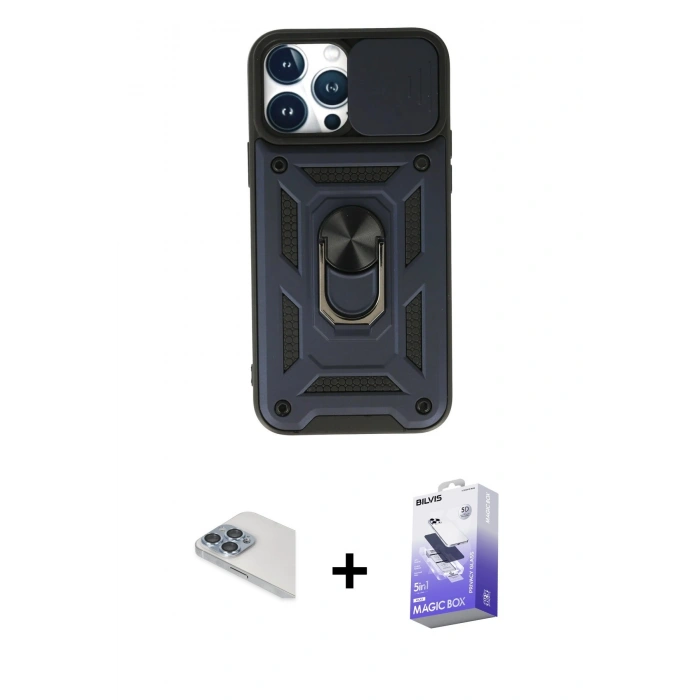 MARSİLYAN™- iPhone 13 Pro Max Kılıf Ahenk Klasik - Siyah Bilvis 5in1 5D Magic Hayalet Cam Ekran Koruyucu + Pers Alüminyum Kamera Lens - SABE