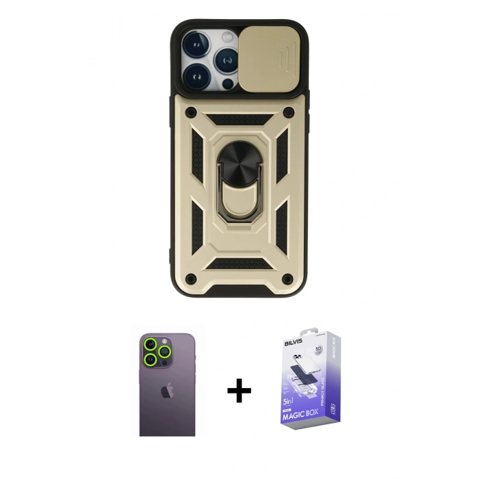 MARSİLYAN™- iPhone 13 Pro Max Kılıf Ahenk Klasik - Siyah Bilvis 5in1 5D Magic Hayalet Cam Ekran Koruyucu + Neon Fosforlu Kamera Lens - YL