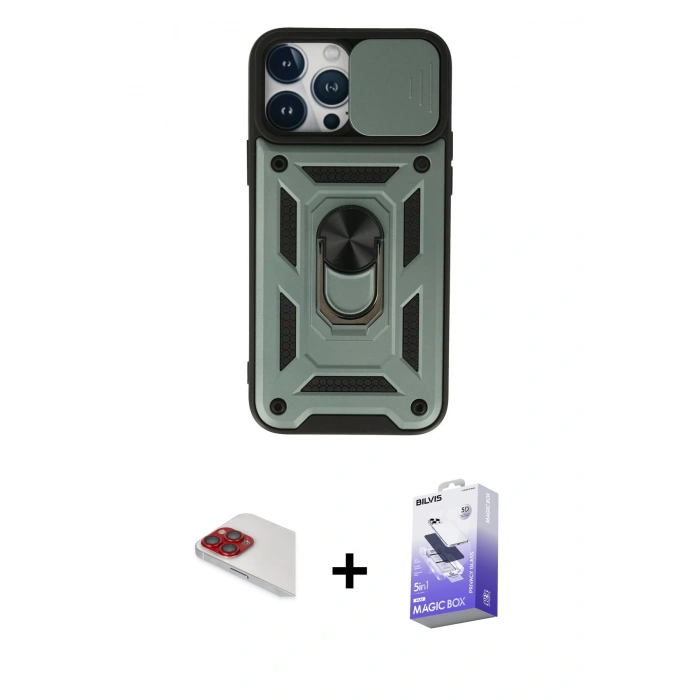 MARSİLYAN™- iPhone 13 Pro Max Kılıf Ahenk Klasik - Siyah Bilvis 5in1 5D Magic Hayalet Cam Ekran Koruyucu + Pers Alüminyum Kamera Lens - KI