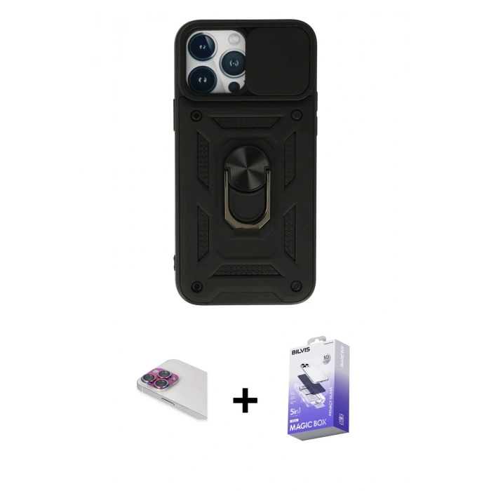 MARSİLYAN™- iPhone 13 Pro Max Kılıf Ahenk Klasik - Siyah Bilvis 5in1 5D Magic Hayalet Cam Ekran Koruyucu + Pers Alüminyum Kamera Lens - GI