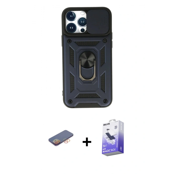 MARSİLYAN™- iPhone 13 Pro Max Kılıf Ahenk Klasik - Siyah Bilvis 5in1 5D Magic Hayalet Cam Ekran Koruyucu + Turuncu Renkli Kamera Lens Koruma Cam