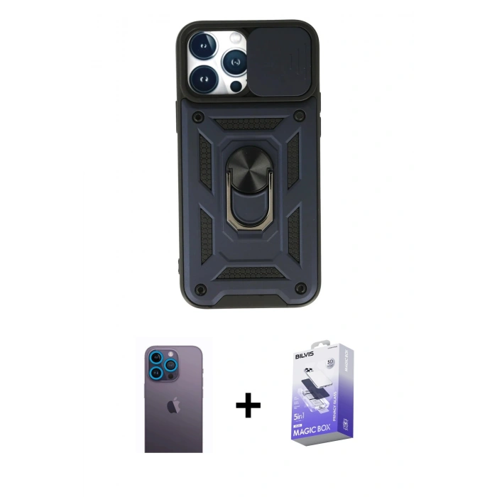 MARSİLYAN™- iPhone 13 Pro Max Kılıf Ahenk Klasik - Siyah Bilvis 5in1 5D Magic Hayalet Cam Ekran Koruyucu + Neon Fosforlu Kamera Lens - MI