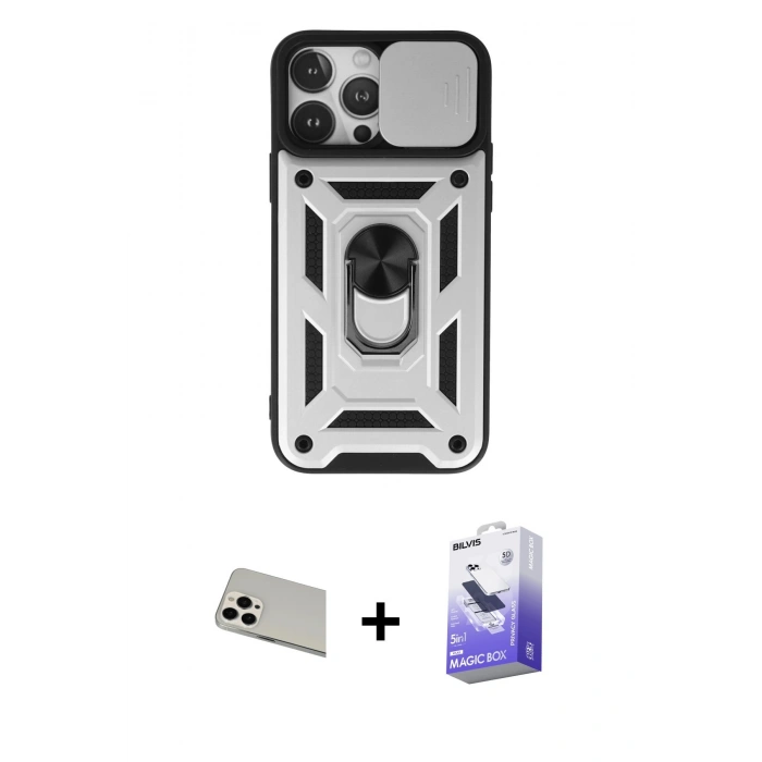 MARSİLYAN™- iPhone 13 Pro Max Kılıf Ahenk Klasik - Siyah Bilvis 5in1 5D Magic Hayalet Cam Ekran Koruyucu + Rainbow Kamera Lens Koruma Cam - BZ
