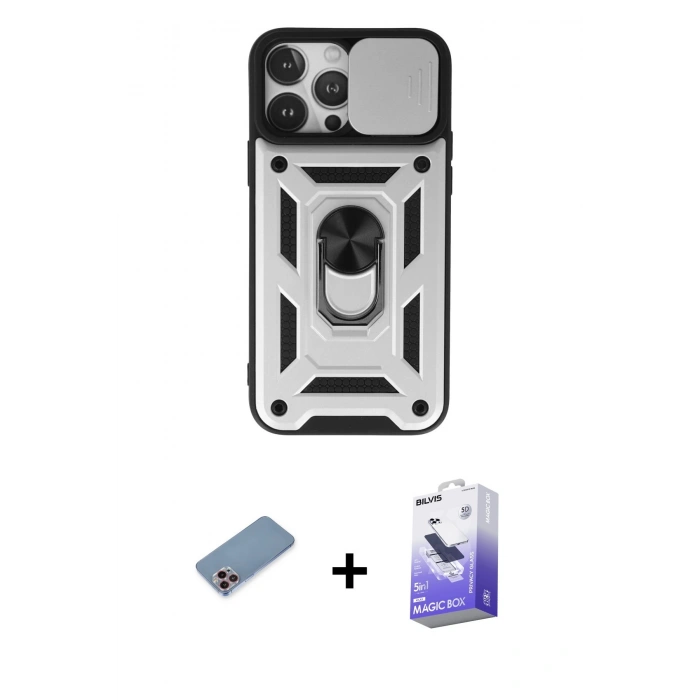 MARSİLYAN™- iPhone 13 Pro Max Kılıf Ahenk Klasik - Siyah Bilvis 5in1 5D Magic Hayalet Cam Ekran Koruyucu + Pembe Shine Kamera Lens Koruma Cam