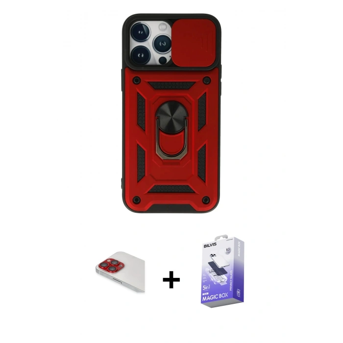 MARSİLYAN™- iPhone 13 Pro Max Kılıf Ahenk Klasik - Siyah Bilvis 5in1 5D Magic Hayalet Cam Ekran Koruyucu + Pers Alüminyum Kamera Lens - KI