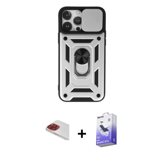 MARSİLYAN™- iPhone 13 Pro Max Kılıf Ahenk Klasik - Siyah Bilvis 5in1 5D Magic Hayalet Cam Ekran Koruyucu + Pers Alüminyum Kamera Lens - KI