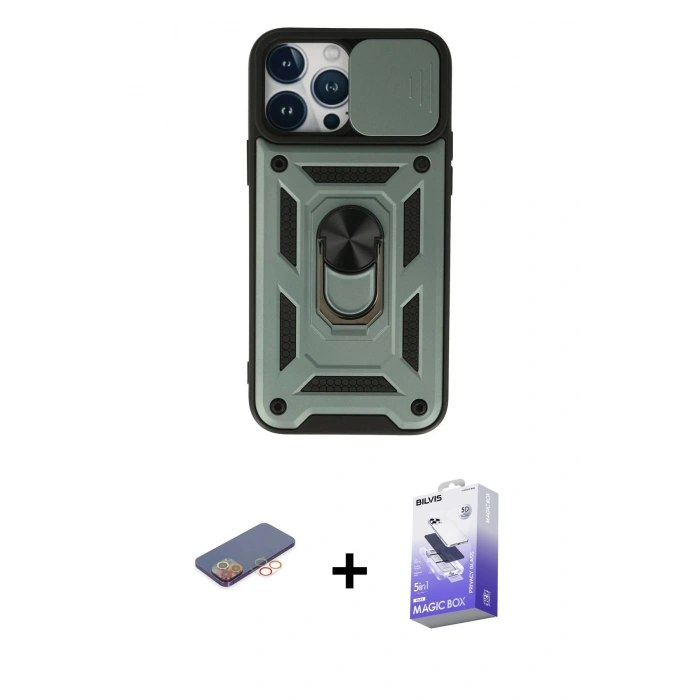 MARSİLYAN™- iPhone 13 Pro Max Kılıf Ahenk Klasik - Siyah Bilvis 5in1 5D Magic Hayalet Cam Ekran Koruyucu + Turuncu Renkli Kamera Lens Koruma Cam