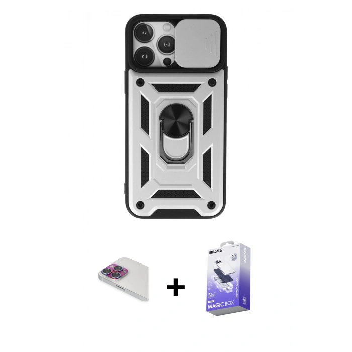 MARSİLYAN™- iPhone 13 Pro Max Kılıf Ahenk Klasik - Siyah Bilvis 5in1 5D Magic Hayalet Cam Ekran Koruyucu + Pers Alüminyum Kamera Lens - GI