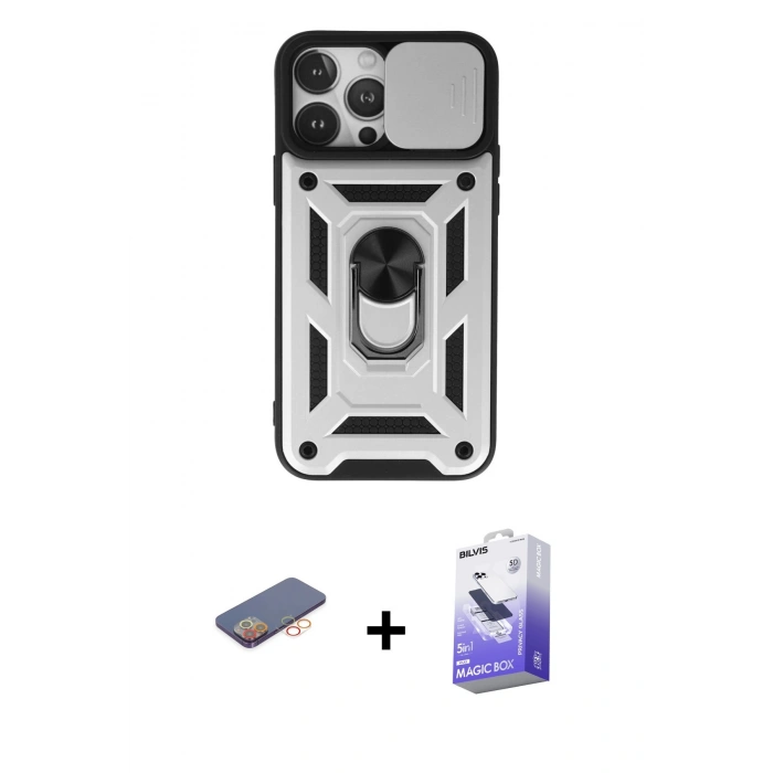 MARSİLYAN™- iPhone 13 Pro Max Kılıf Ahenk Klasik - Siyah Bilvis 5in1 5D Magic Hayalet Cam Ekran Koruyucu + Turuncu Renkli Kamera Lens Koruma Cam