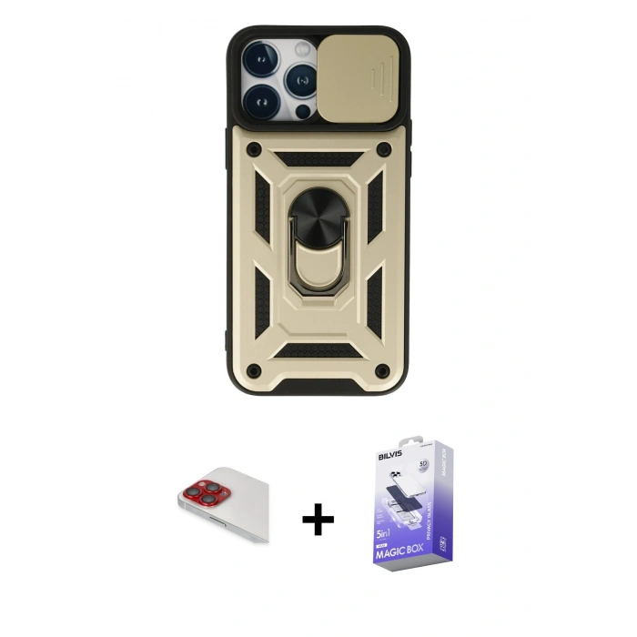 MARSİLYAN™- iPhone 13 Pro Max Kılıf Ahenk Klasik - Siyah Bilvis 5in1 5D Magic Hayalet Cam Ekran Koruyucu + Pers Alüminyum Kamera Lens - KI
