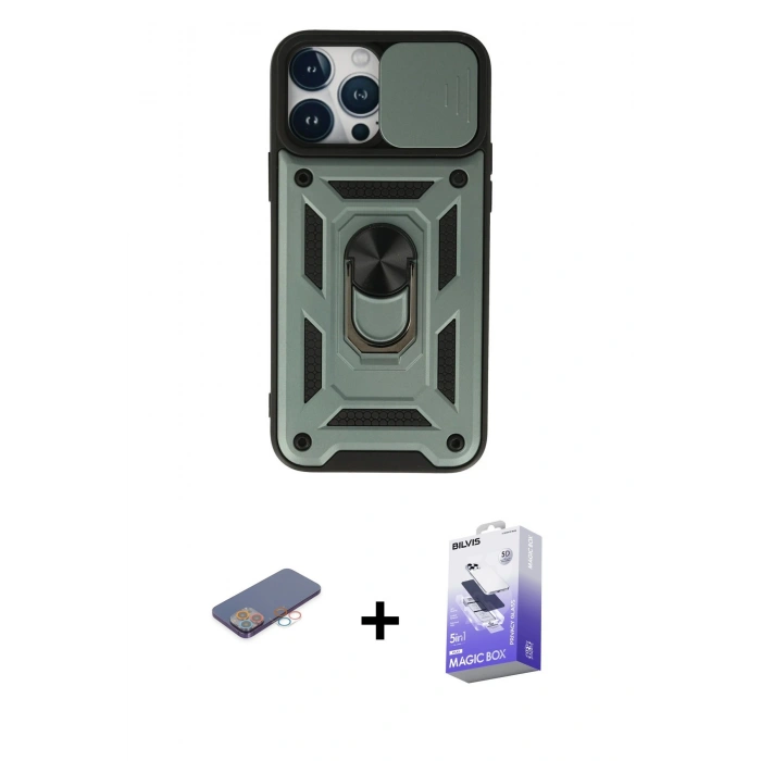 MARSİLYAN™- iPhone 13 Pro Max Kılıf Ahenk Klasik - Siyah Bilvis 5in1 5D Magic Hayalet Cam Ekran Koruyucu + Renkli Kamera Lens Koruma Cam - PE