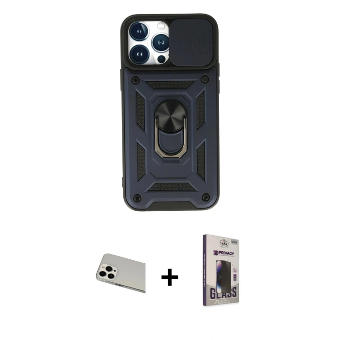 MARSİLYAN™- iPhone 13 Pro Max Kılıf Ahenk Klasik - Siyah Bilvis Hayalet Cam Ekran Koruyucu + Rainbow Kamera Lens Koruma Cam - BZ