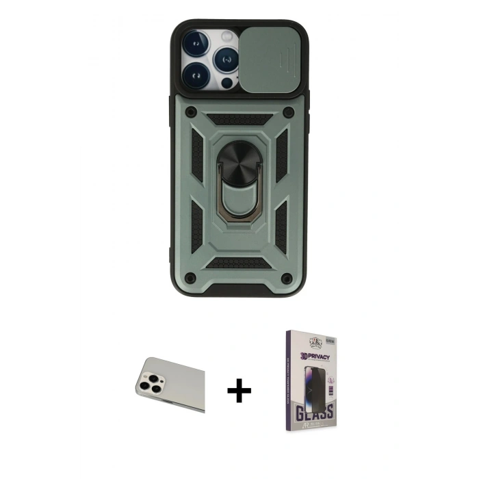 MARSİLYAN™- iPhone 13 Pro Max Kılıf Ahenk Klasik - Siyah Bilvis Hayalet Cam Ekran Koruyucu + Rainbow Kamera Lens Koruma Cam - BZ