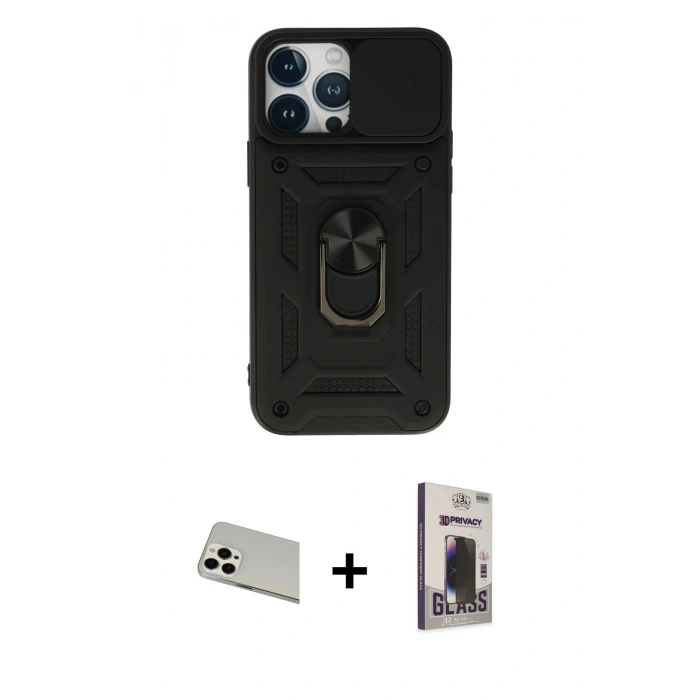 MARSİLYAN™- iPhone 13 Pro Max Kılıf Ahenk Klasik - Siyah Bilvis Hayalet Cam Ekran Koruyucu + Rainbow Kamera Lens Koruma Cam - BZ