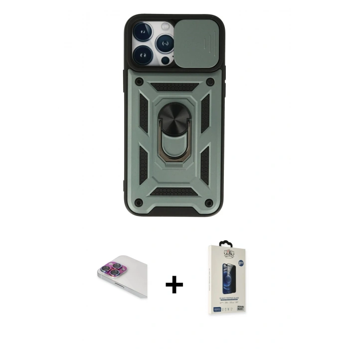 MARSİLYAN™- iPhone 13 Pro Max Kılıf Ahenk Klasik - Siyah Bilvis Hayalet Cam Ekran Koruyucu + Pers Alüminyum Kamera Lens - GI