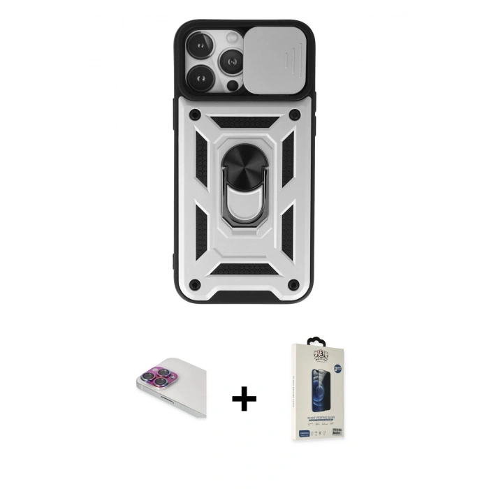 MARSİLYAN™- iPhone 13 Pro Max Kılıf Ahenk Klasik - Siyah Bilvis Hayalet Cam Ekran Koruyucu + Pers Alüminyum Kamera Lens - GI