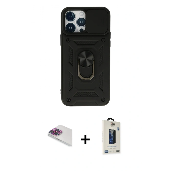 MARSİLYAN™- iPhone 13 Pro Max Kılıf Ahenk Klasik - Siyah Bilvis Hayalet Cam Ekran Koruyucu + Pers Alüminyum Kamera Lens - GI
