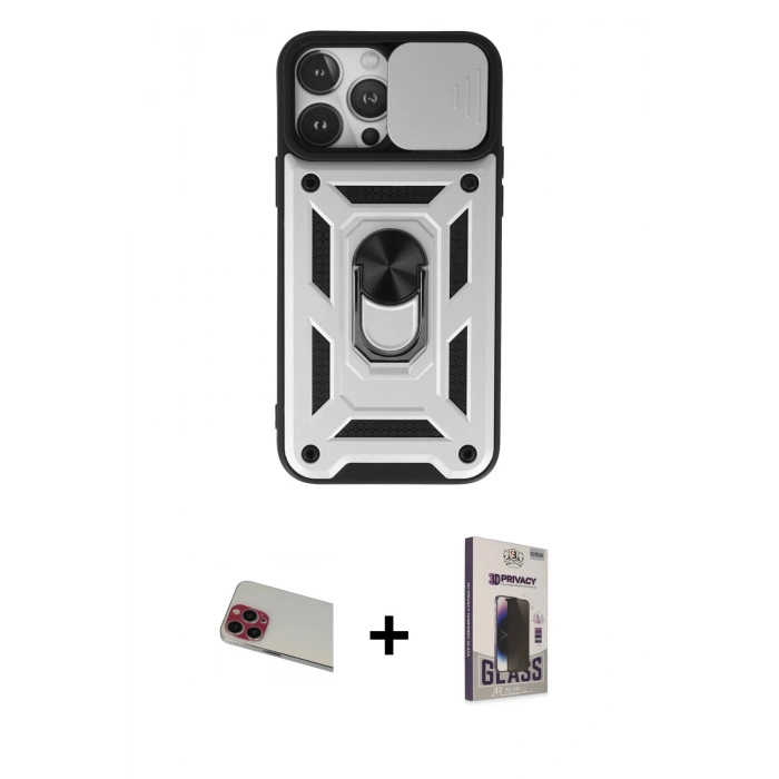 MARSİLYAN™- iPhone 13 Pro Max Kılıf Ahenk Klasik - Siyah Bilvis Hayalet Cam Ekran Koruyucu + Rainbow Kamera Lens Koruma Cam - KI