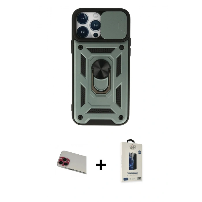 MARSİLYAN™- iPhone 13 Pro Max Kılıf Ahenk Klasik - Siyah Bilvis Hayalet Cam Ekran Koruyucu + Rainbow Kamera Lens Koruma Cam - KI