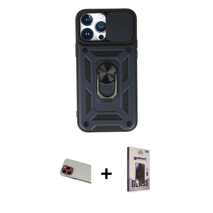 MARSİLYAN™- iPhone 13 Pro Max Kılıf Ahenk Klasik - Siyah Bilvis Hayalet Cam Ekran Koruyucu + Rainbow Kamera Lens Koruma Cam - KI