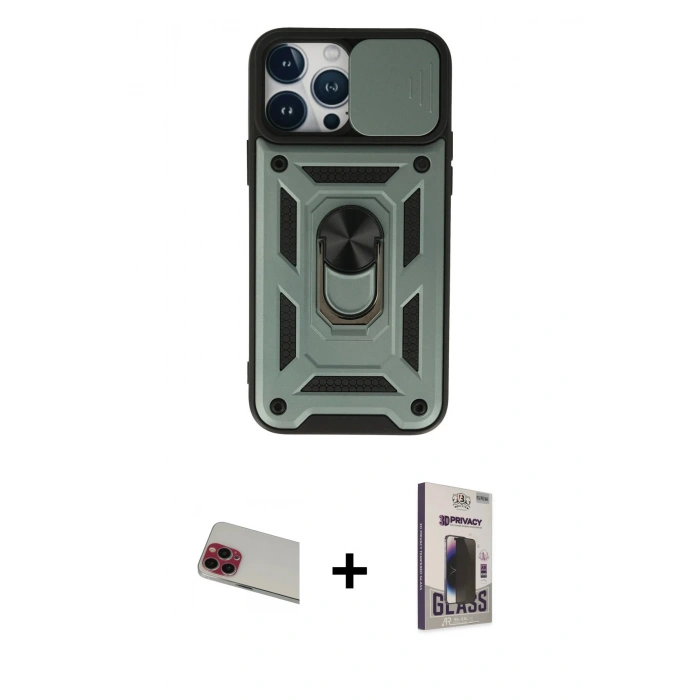 MARSİLYAN™- iPhone 13 Pro Max Kılıf Ahenk Klasik - Siyah Bilvis Hayalet Cam Ekran Koruyucu + Rainbow Kamera Lens Koruma Cam - KI