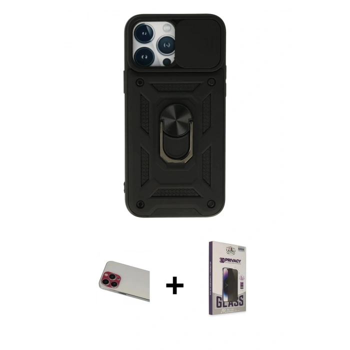 MARSİLYAN™- iPhone 13 Pro Max Kılıf Ahenk Klasik - Siyah Bilvis Hayalet Cam Ekran Koruyucu + Rainbow Kamera Lens Koruma Cam - KI