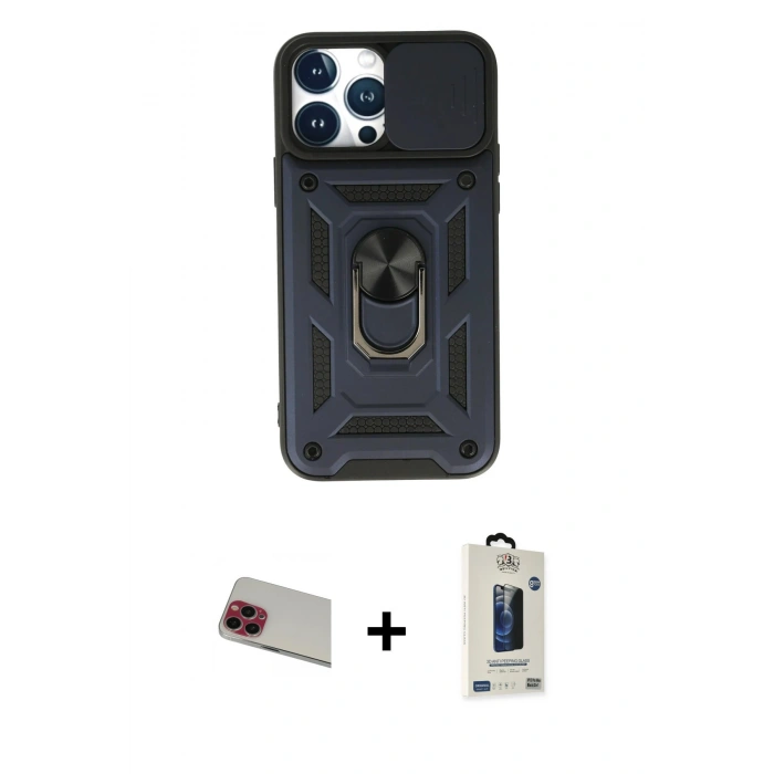 MARSİLYAN™- iPhone 13 Pro Max Kılıf Ahenk Klasik - Siyah Bilvis Hayalet Cam Ekran Koruyucu + Rainbow Kamera Lens Koruma Cam - KI