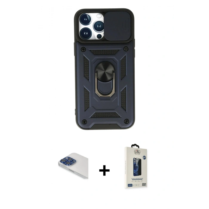 MARSİLYAN™- iPhone 13 Pro Max Kılıf Ahenk Klasik - Siyah Bilvis Hayalet Cam Ekran Koruyucu + Pers Alüminyum Kamera Lens - LT