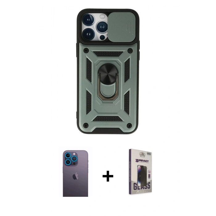 MARSİLYAN™- iPhone 13 Pro Max Kılıf Ahenk Klasik - Siyah Bilvis Hayalet Cam Ekran Koruyucu + Neon Fosforlu Kamera Lens - MI