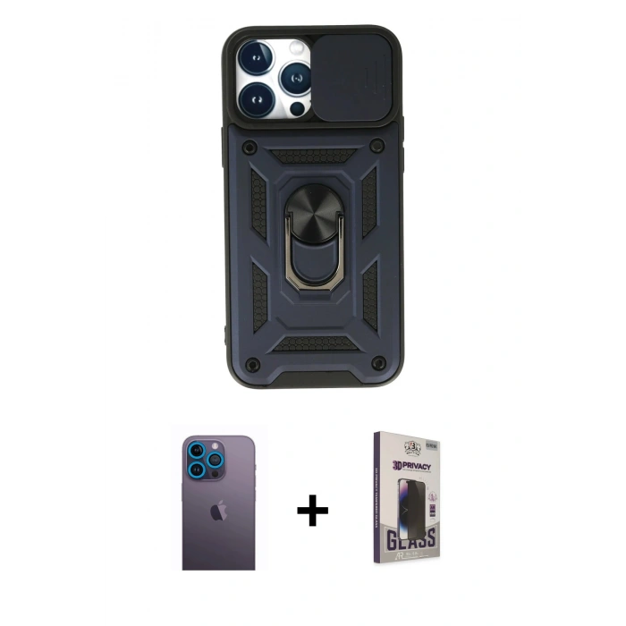 MARSİLYAN™- iPhone 13 Pro Max Kılıf Ahenk Klasik - Siyah Bilvis Hayalet Cam Ekran Koruyucu + Neon Fosforlu Kamera Lens - MI