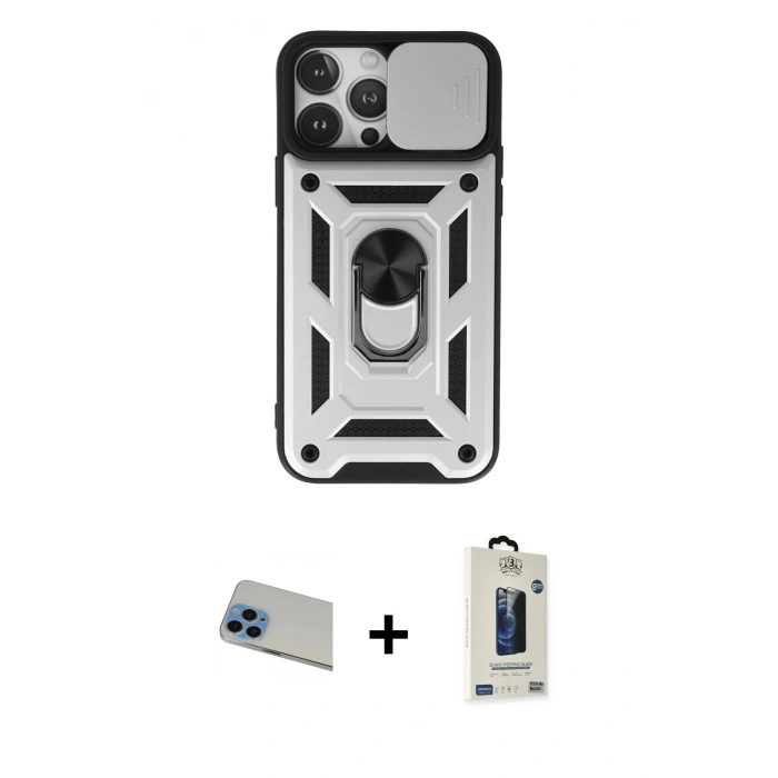 MARSİLYAN™- iPhone 13 Pro Max Kılıf Ahenk Klasik - Siyah Bilvis Hayalet Cam Ekran Koruyucu + Rainbow Kamera Lens Koruma Cam - MI