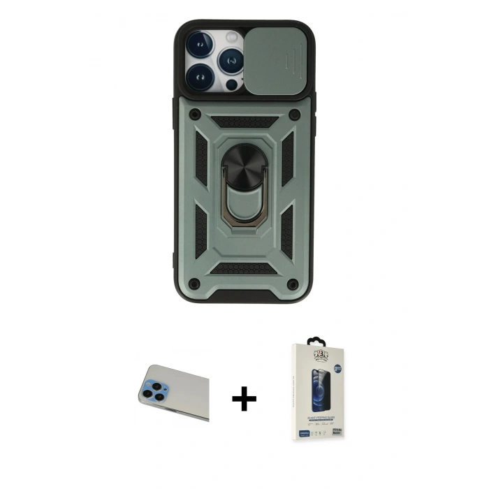 MARSİLYAN™- iPhone 13 Pro Max Kılıf Ahenk Klasik - Siyah Bilvis Hayalet Cam Ekran Koruyucu + Rainbow Kamera Lens Koruma Cam - MI