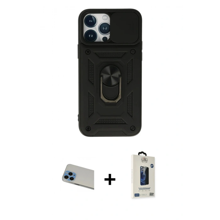 MARSİLYAN™- iPhone 13 Pro Max Kılıf Ahenk Klasik - Siyah Bilvis Hayalet Cam Ekran Koruyucu + Rainbow Kamera Lens Koruma Cam - MI