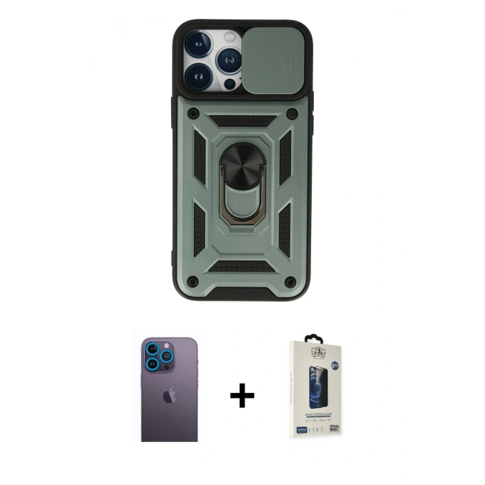 MARSİLYAN™- iPhone 13 Pro Max Kılıf Ahenk Klasik - Siyah Bilvis Hayalet Cam Ekran Koruyucu + Neon Fosforlu Kamera Lens - MI