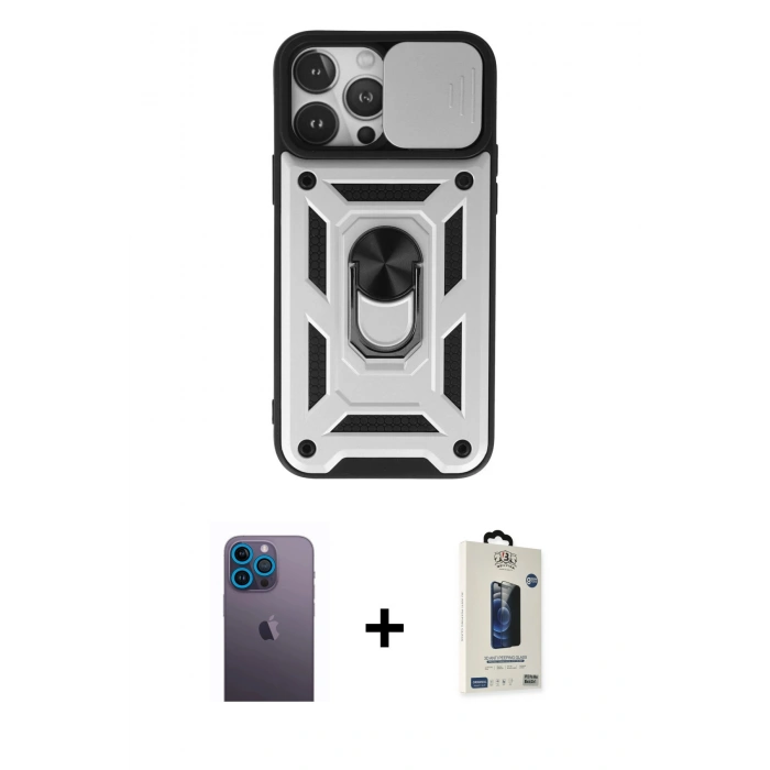 MARSİLYAN™- iPhone 13 Pro Max Kılıf Ahenk Klasik - Siyah Bilvis Hayalet Cam Ekran Koruyucu + Neon Fosforlu Kamera Lens - MI