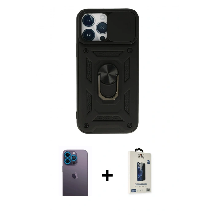 MARSİLYAN™- iPhone 13 Pro Max Kılıf Ahenk Klasik - Siyah Bilvis Hayalet Cam Ekran Koruyucu + Neon Fosforlu Kamera Lens - MI