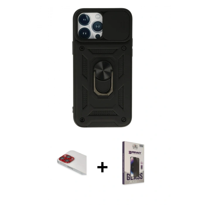 MARSİLYAN™- iPhone 13 Pro Max Kılıf Ahenk Klasik - Siyah Bilvis Hayalet Cam Ekran Koruyucu + Pers Alüminyum Kamera Lens - KI