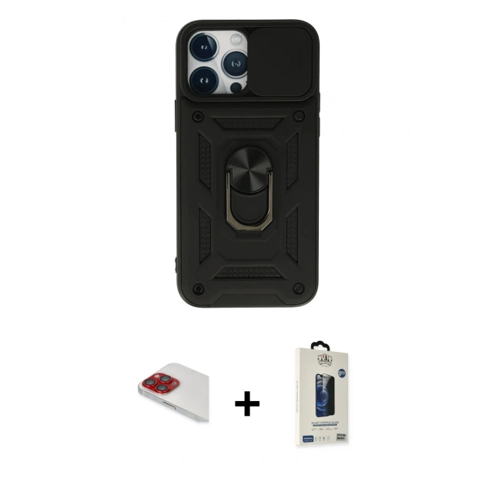 MARSİLYAN™- iPhone 13 Pro Max Kılıf Ahenk Klasik - Siyah Bilvis Hayalet Cam Ekran Koruyucu + Pers Alüminyum Kamera Lens - KI