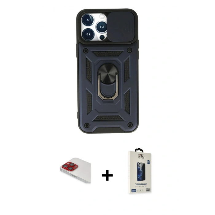MARSİLYAN™- iPhone 13 Pro Max Kılıf Ahenk Klasik - Siyah Bilvis Hayalet Cam Ekran Koruyucu + Pers Alüminyum Kamera Lens - KI